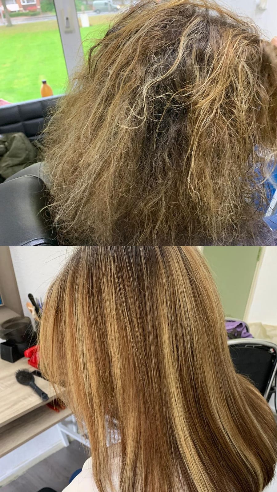 Voor en na een keratinebehandeling: droog, kroezend blond haar wordt glad en glanzend – Kapsalon Monica Sliedrecht